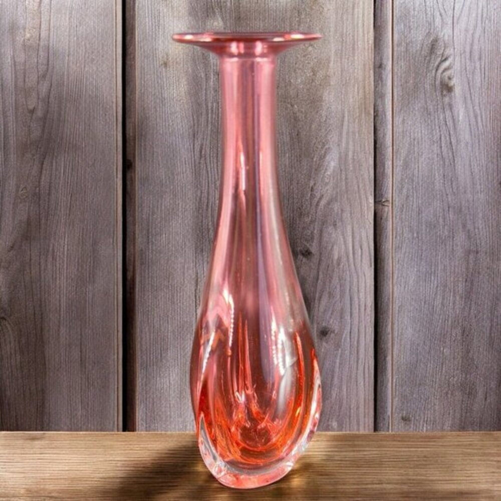 1990s Hand Blown Glass Vase Artist‎ Signed Cranberry Faceted Glass Vase Vintage